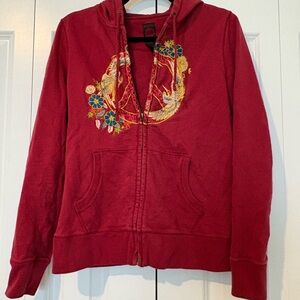 Lucky Brand Red Zip Hoodie with Floral & Bird Embroidery